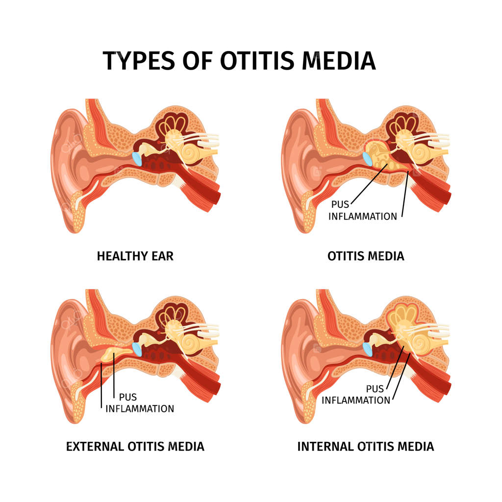 آناتومی واقع‌گرایانه گوش: مجموعه‌ای از چهار نمودار آناتومیک با متن توضیحی و اندام‌های داخلی - تصویرسازی وکتوری