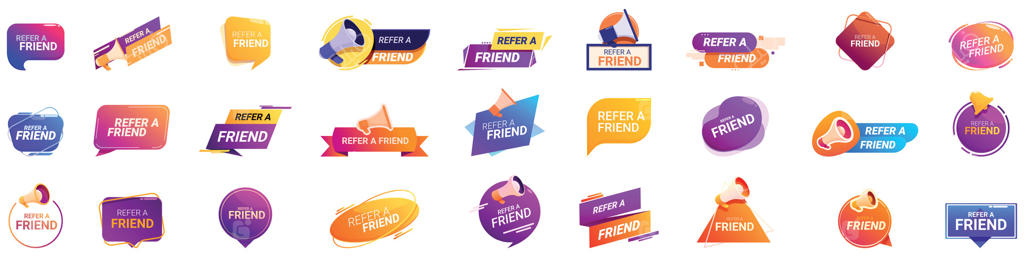 مجموعه آیکون‌های دعوت از دوستان؛ کمپین بازاریابی معرفی به دوستان همراه با بلندگو برای اعلام پیشنهادهای ویژه
