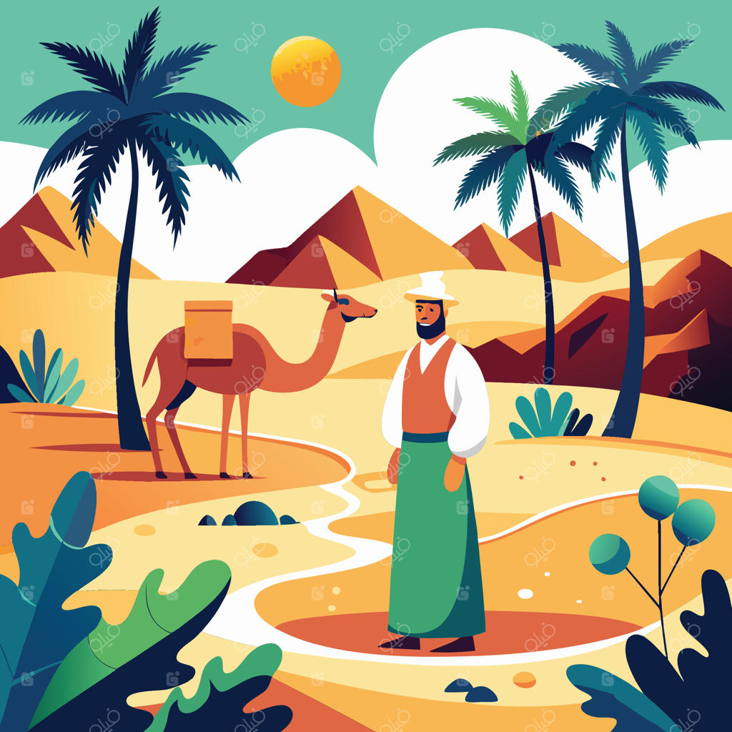 مرد اماراتی در حال قدم زدن با شتر در میان صحرای بی‌پایان