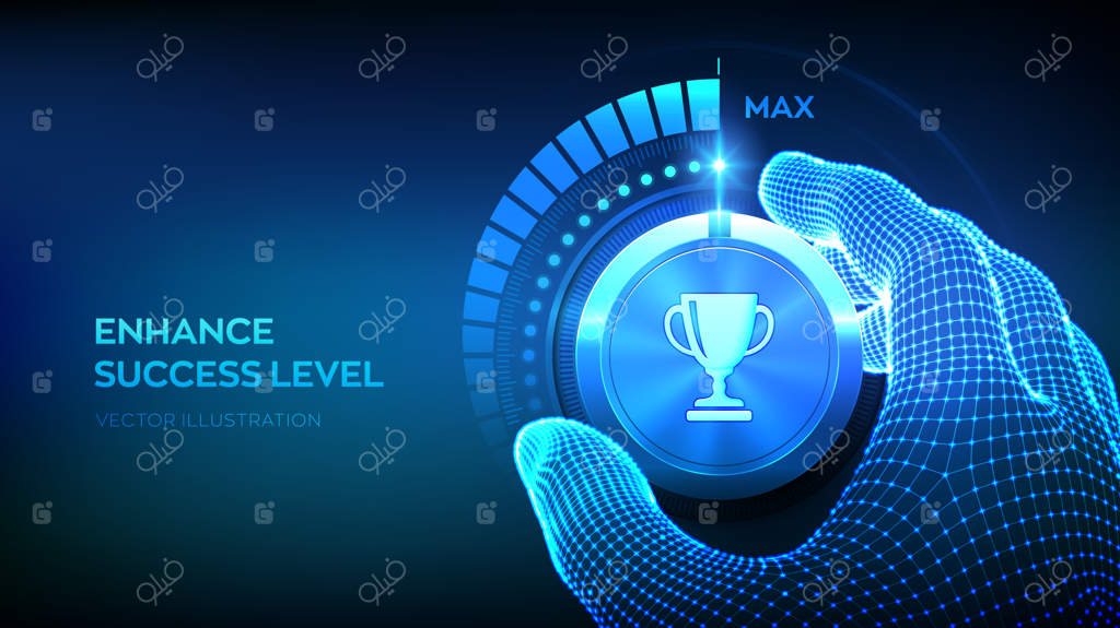 دکمه تنظیم سطح موفقیت: افزایش سطح موفقیت. دستی در حال چرخاندن یک دکمه آزمایشی با آیکون جام قهرمانی به حداکثر حالت. مفهوم دستیابی در کسب‌وکار. تصویر برداری.