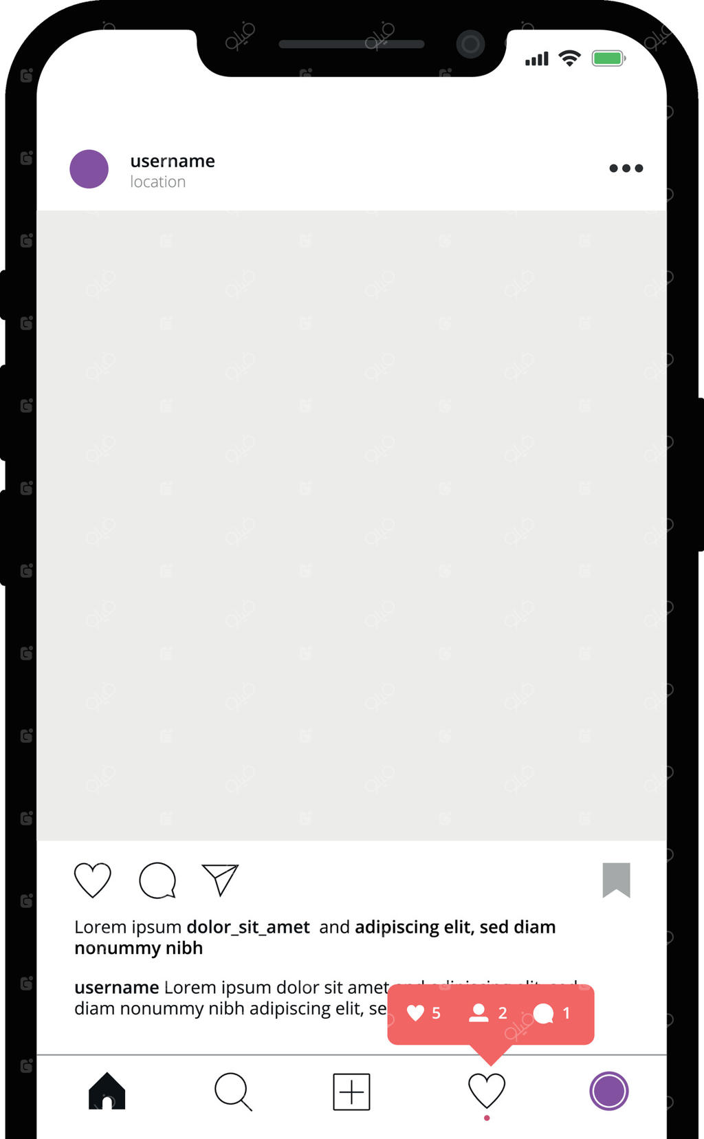 قالب پیش‌نمایش پست شبکه‌های اجتماعی. قالب پروفایل پست. عناصر گالری پروفایل برای نسخه موبایل صفحه شبکه‌های اجتماعی. رابط کاربری گوشی هوشمند