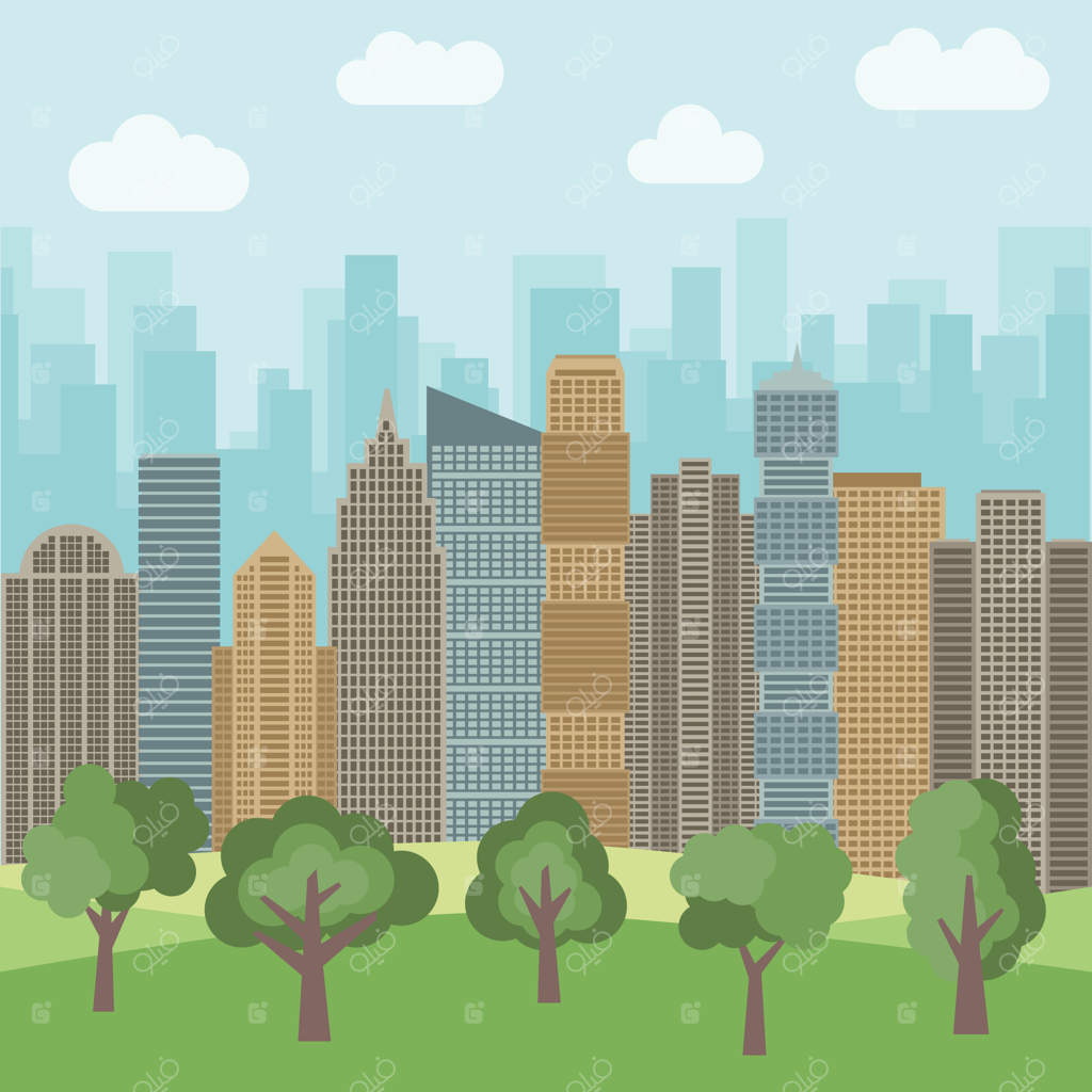 پارک شهری با پس‌زمینه آسمان‌خراش‌ها. تصویر برداری شده