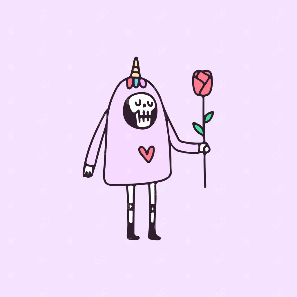 تصویر جمجمه بامزه با لباس تک‌شاخ و گل‌های رز برای تیشرت یا برچسب.