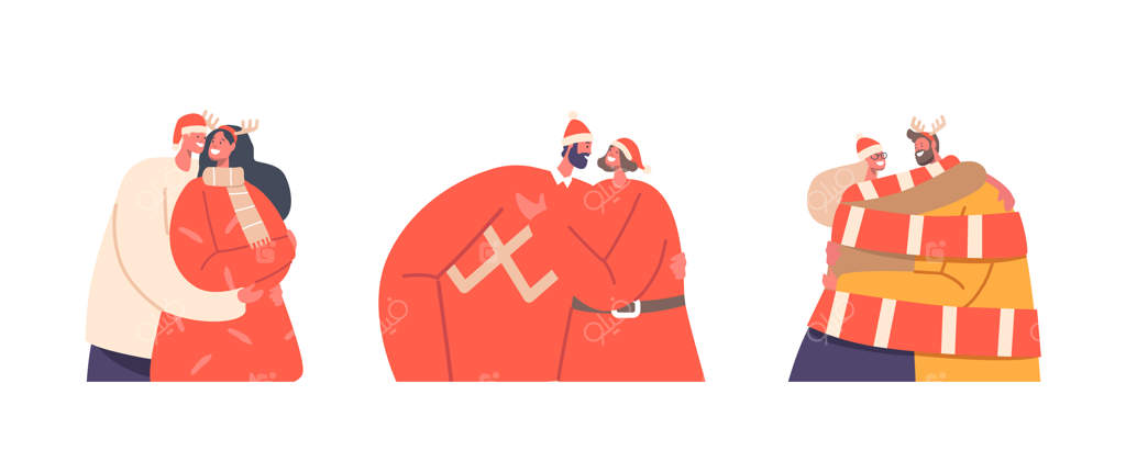 مجموعه زوج‌های عاشق: شخصیت‌های مرد و زن در حال آغوش و بغل کردن با لباس‌ها و کلاه‌های کریسمس