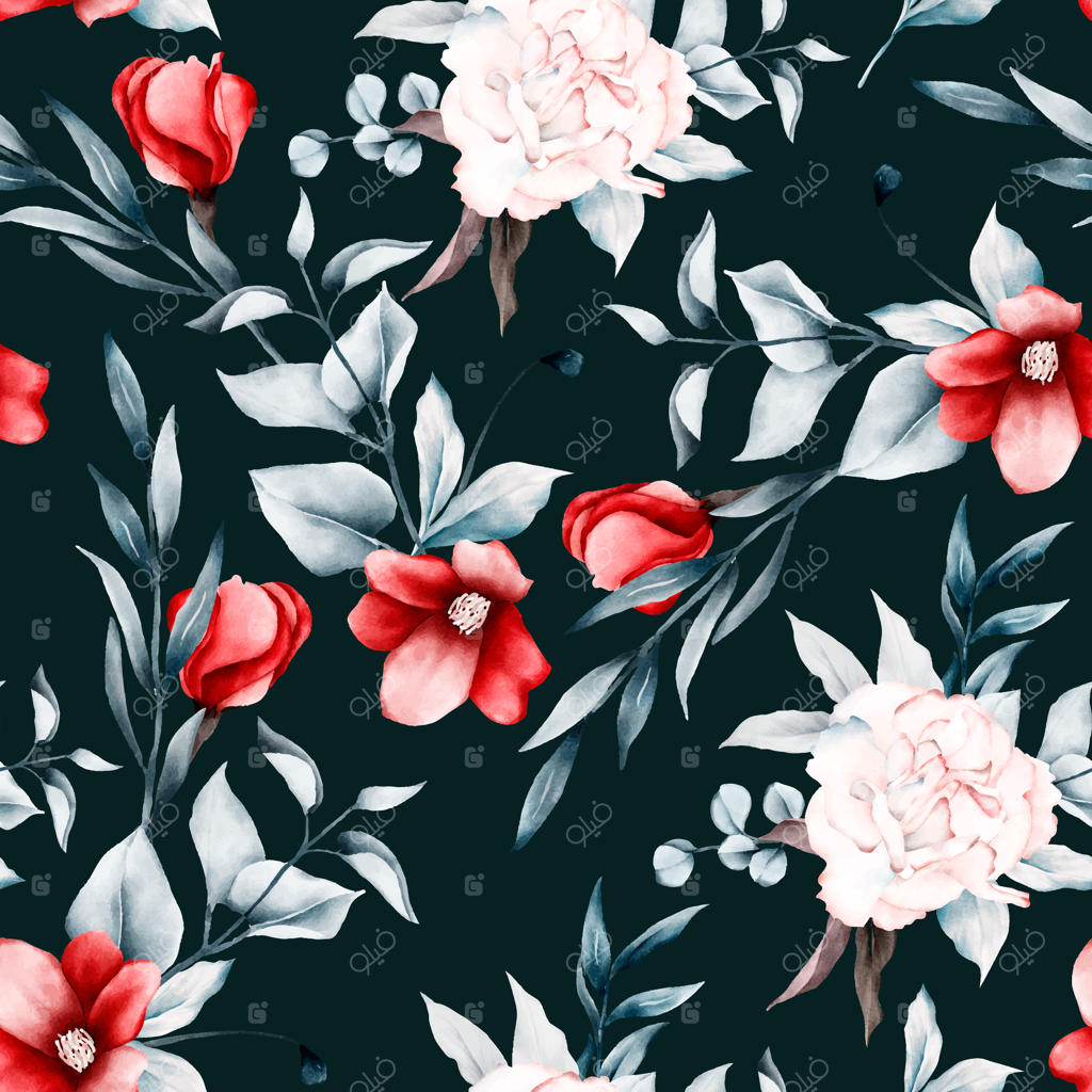 طرح گل‌دار با گل‌های صورتی و آبی و صد‌تومانی‌های قرمز