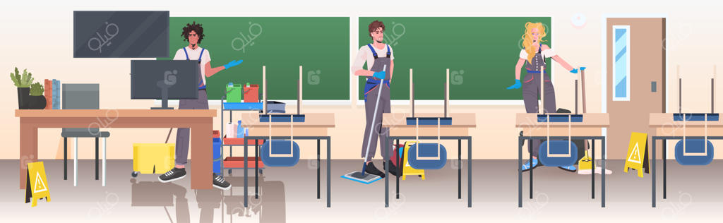 تمیزکاران حرفه‌ای: تیم نظافتچیان چند نژادی کف‌ها را برای پیشگیری از کرونا تمیز و ضدعفونی می‌کنند