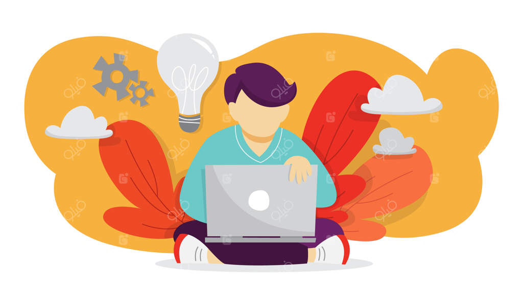 مفهوم ایده: ذهن خلاق و طوفان فکری. تفکر درباره نوآوری و یافتن راه‌حل. لامپ به‌عنوان نماد. مردی در حال کار با لپ‌تاپ و اختراع. تصویرسازی