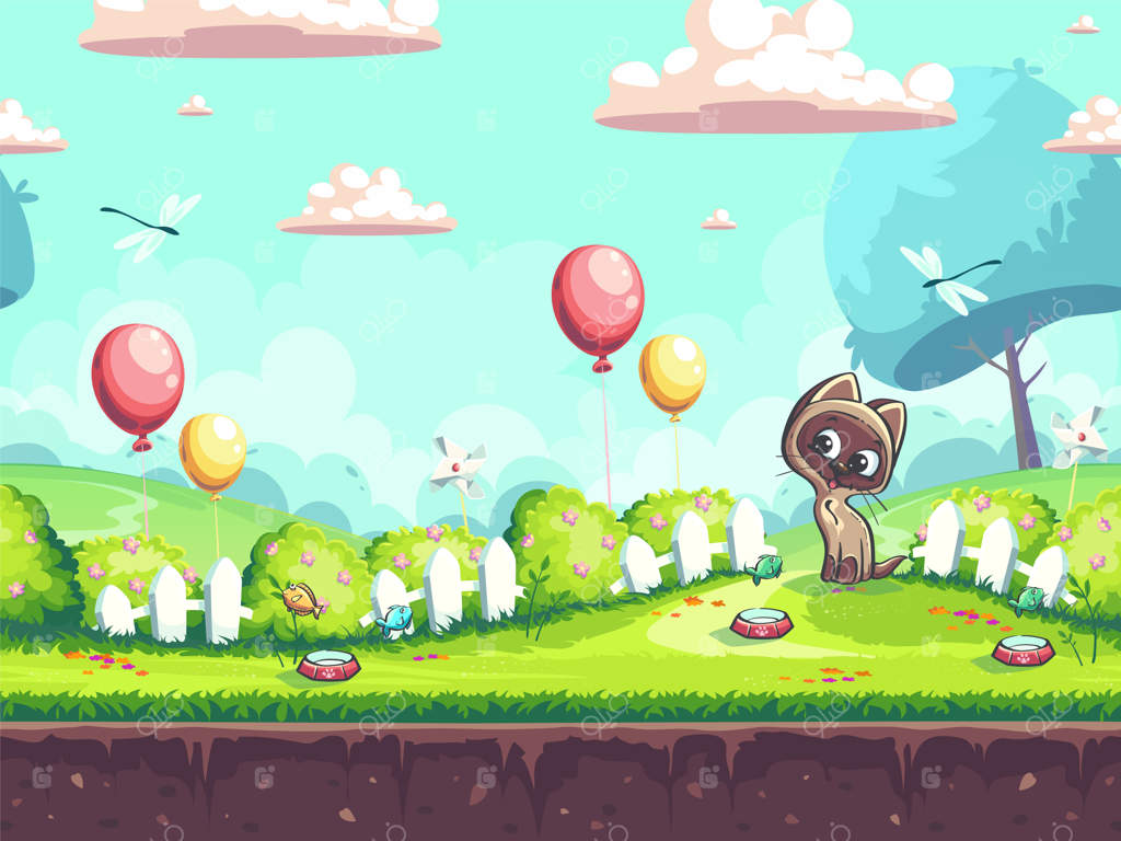 گربه بامزه مغز روی چمن سبز با نرده‌های سفید و بادکنک‌ها