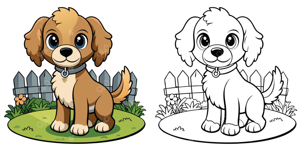 صفحات رنگ‌آمیزی توله سگ بامزه برای کودکان قابل چاپ. طرح کارتونی سگ کوچولو در باغ . تصویرسازی کارتونی حیوانات