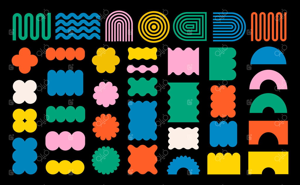 اشکال و آیکون‌های هندسی انتزاعی، فیگورهای رنگارنگ گرووی و بروتال با زیبایی‌شناسی طراحی مدرن سوئیسی