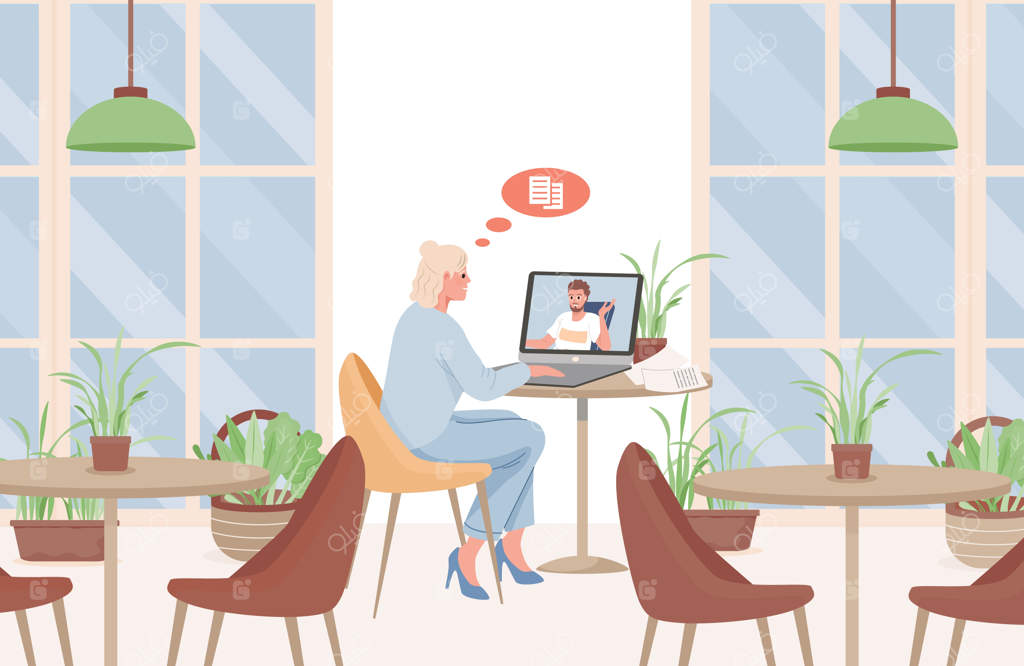 تصویرسازی تخت: زن جوان در کافه در حال گفتگو با مردی از طریق ویدئوکنفرانس.