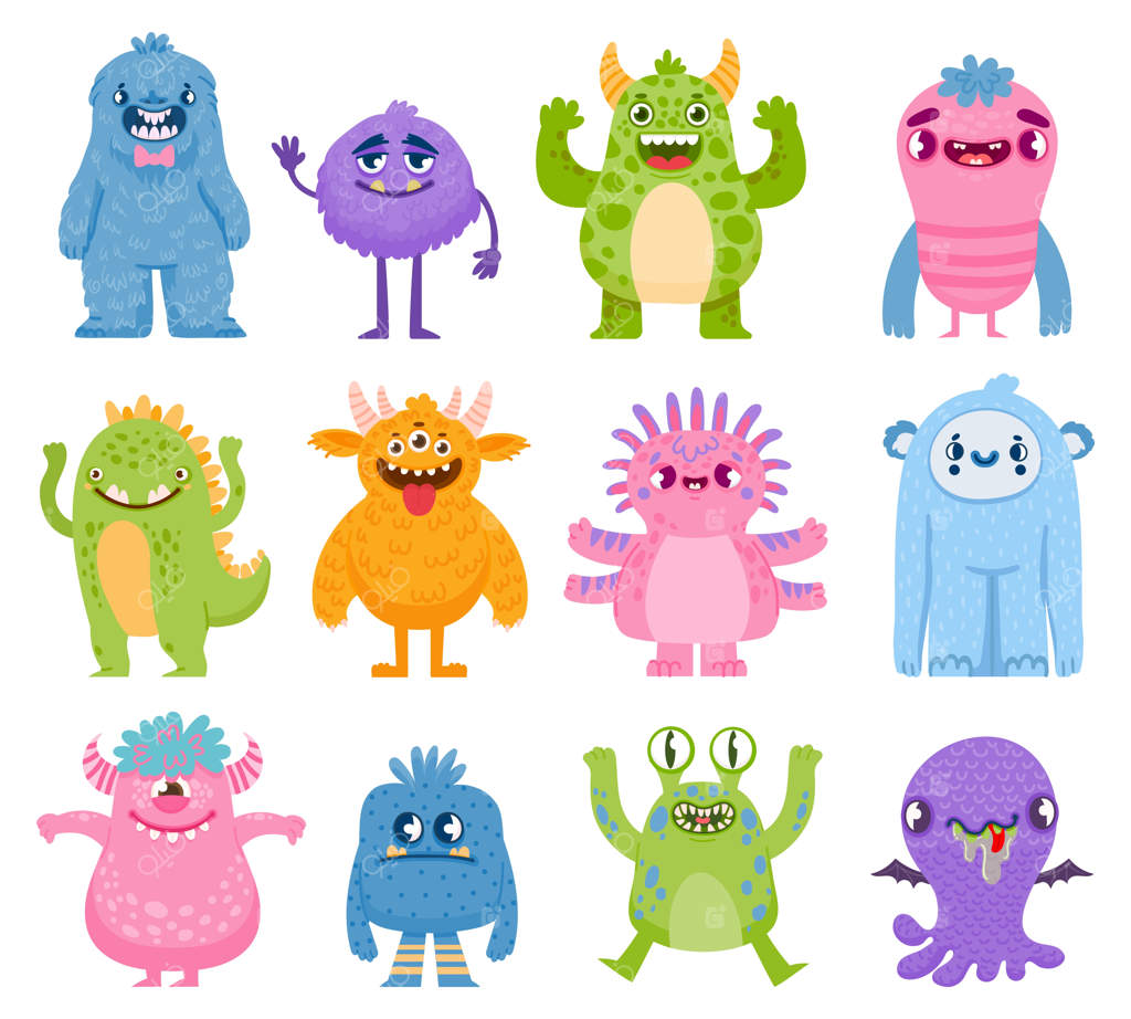 هیولاهای بامزه: موجودات کارتونی، ترسناک و جذاب با شاخ و دندان. شخصیت‌های هیولای هالووین و فضایی. مجموعه‌ای از هیولاهای دوستانه و بامزه. تصویرسازی موجودات و حیوانات هیولایی برای هالووین مبارک