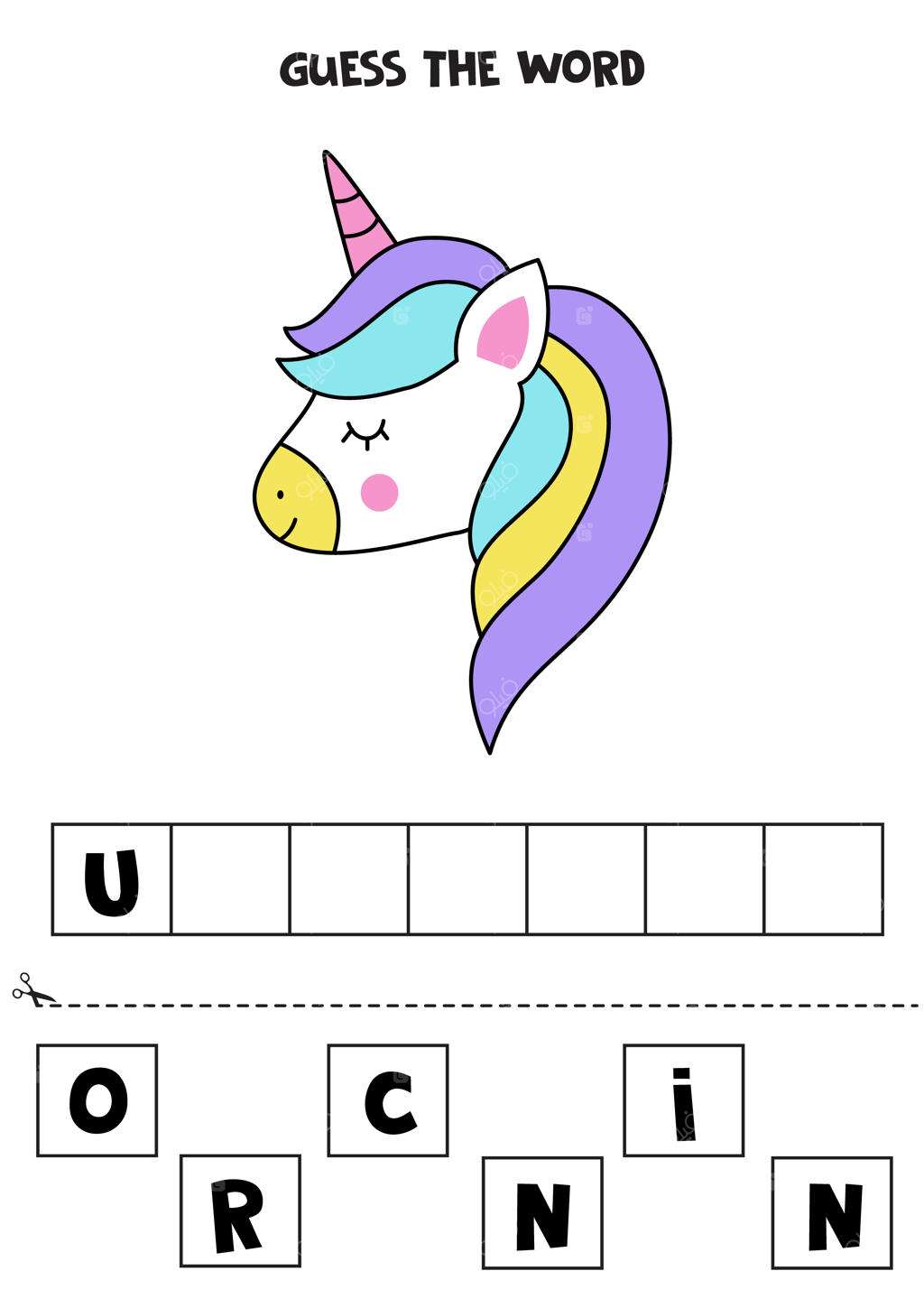 بازی املا برای کودکان. سر تک‌شاخ بامزه.