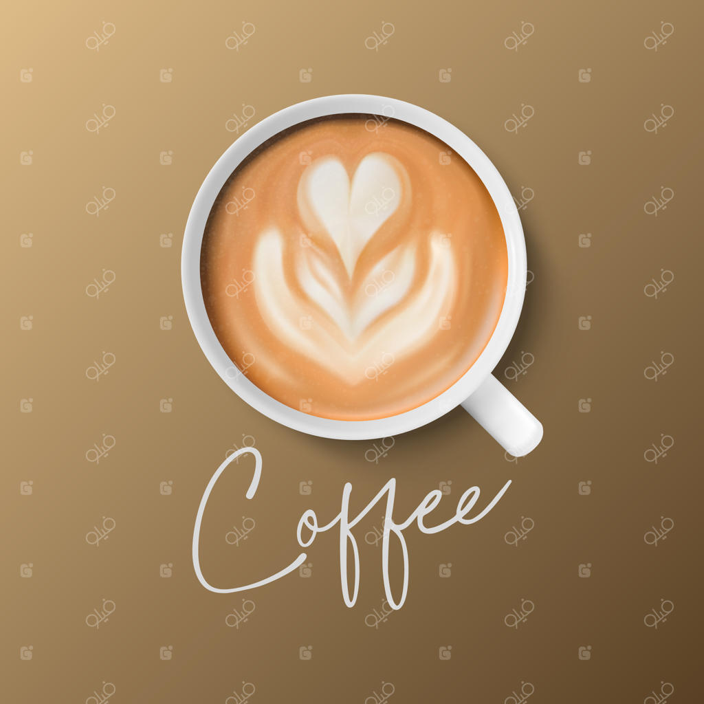 ماگ سرامیکی سفید واقعی سه‌بعدی: طرح قلب و گل کاپوچینو از نمای بالا، زمینه قهوه‌ای