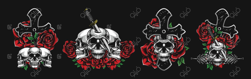 مفهوم جمجمه‌های رنگی، صلیب‌ها، گل‌ها و چاقوها