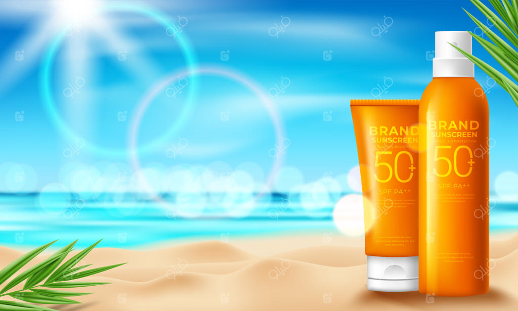 طراحی محصولات آرایشی محافظت از آفتاب با کرم مرطوب‌کننده و پس‌زمینه‌ای از آفتاب و ساحل