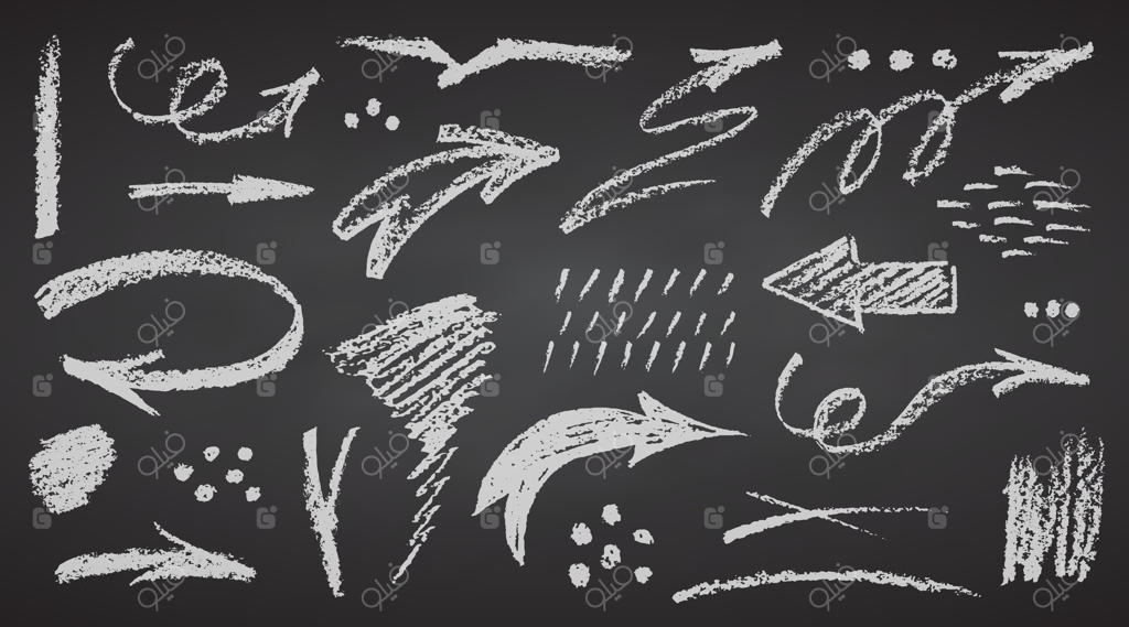 طرح خطوط مداد ذغالی: پیکان‌های منحنی و عناصر سفید بر روی تخته سیاه، نقوش گچی و طرح‌های بداهه