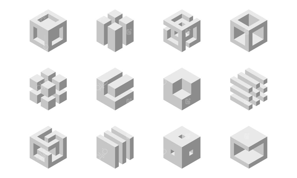 لوگوی مکعب، طراحی هندسی. نماد شرکت جعبه، آرم مدرن فناوری به سبک پیکسل.