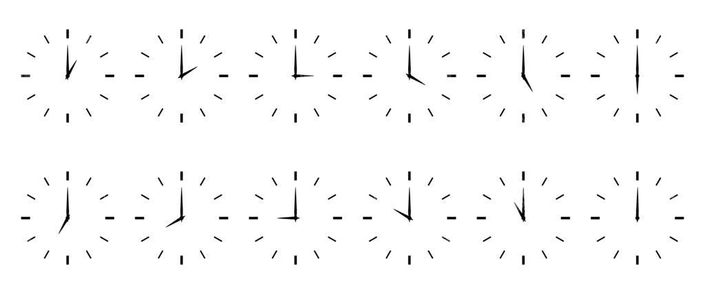 مجموعه آیکون‌های ساعت: زمان‌سنج، کرنومتر، ساعت. عقربه ساعت ۱۲ زمان مختلف کامل را نشان می‌دهد. سبک مینیمالیستی.