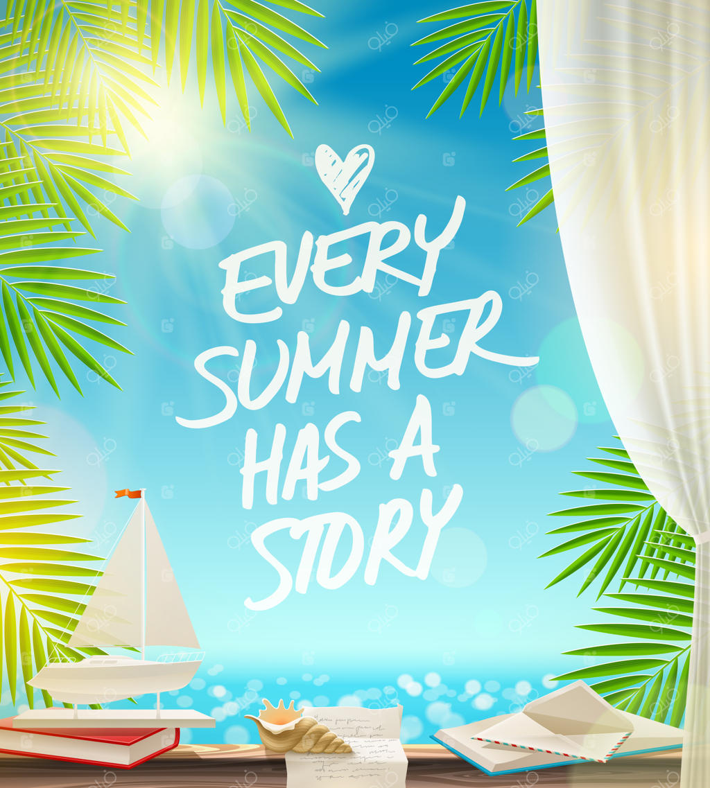 هر تابستان داستانی دارد - طراحی تعطیلات تابستانی با نقل‌قول دستی در مقابل منظره دریا.