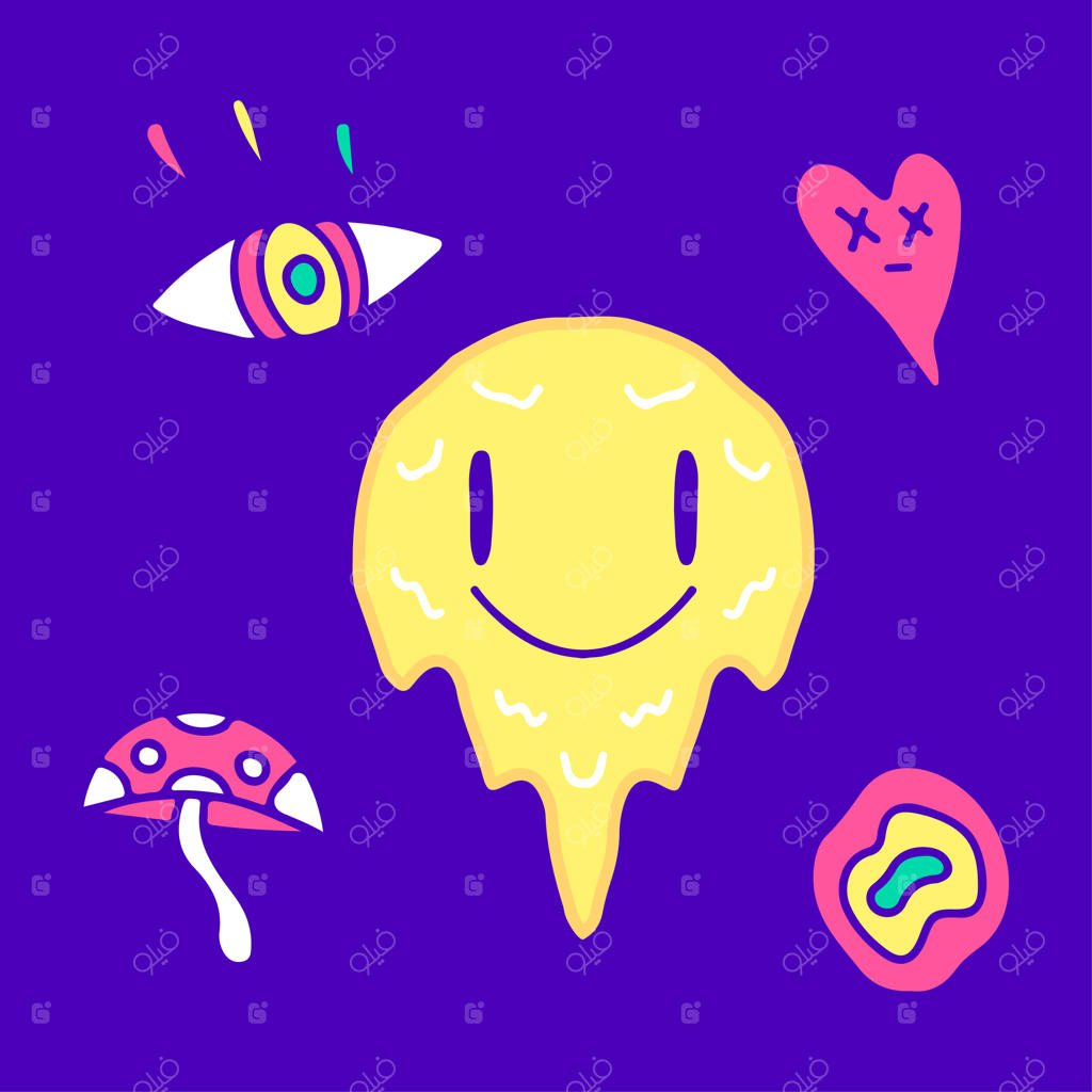 مجموعه‌ای از طرح‌های کارتونی روانگردانی، مناسب برای چاپ روی تی‌شرت، برچسب یا لوازم جانبی.