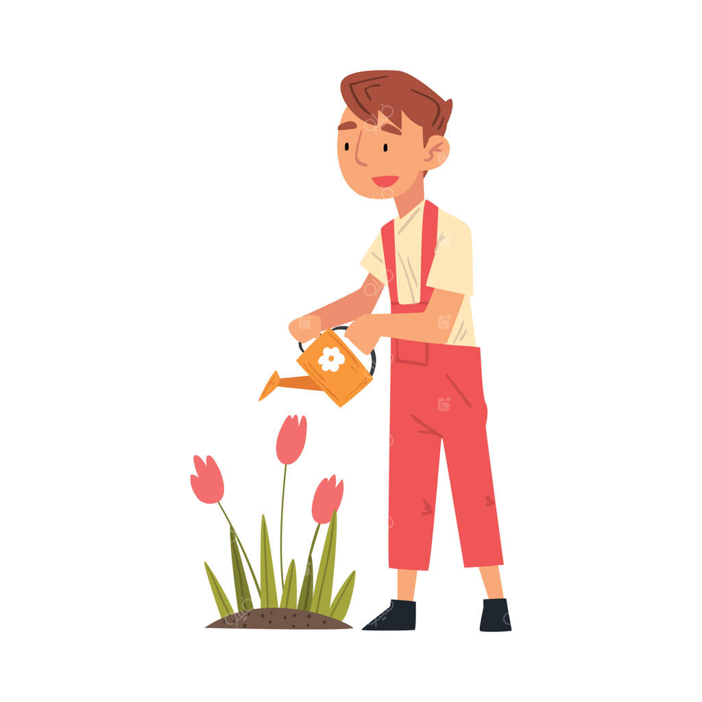 پسر بامزه‌ای که با آب‌پاش به گل‌های لاله در باغچه آب می‌دهد (تصویرسازی)