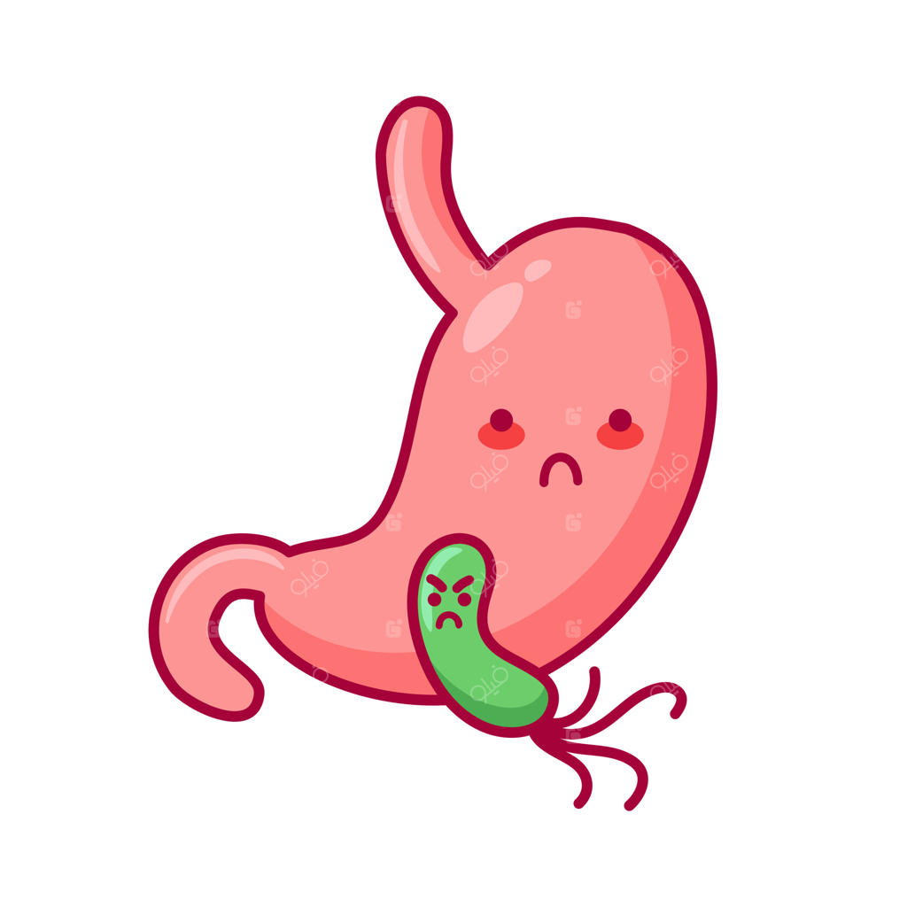 معده. کاراکتر بامزه به سبک کاوایی. عضو بیمار دستگاه گوارش. هلیکوباکتر پیلوری، ورم معده، زخم معده. مشکلات سلامتی. مناسب برای استیکر، کتاب‌ها و المان‌های طراحی. قالب بروشور پزشکی.