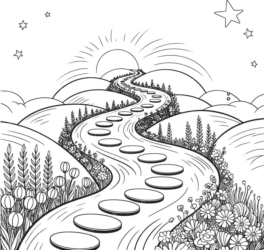 تصویری از مسیر پرپیچ‌وخم یا سنگ‌فرش‌هایی که از میان تپه‌های طبیعی، جنگل‌ها، گل‌ها و ستارگان می‌گذرد و به افق آفتاب‌زده می‌رسد