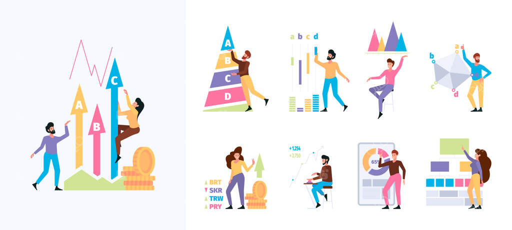 نمودار کسب و کار: استراتژی مقایسه و ارزیابی در بازاریابی با تصاویر وکتور جذاب و مسطح