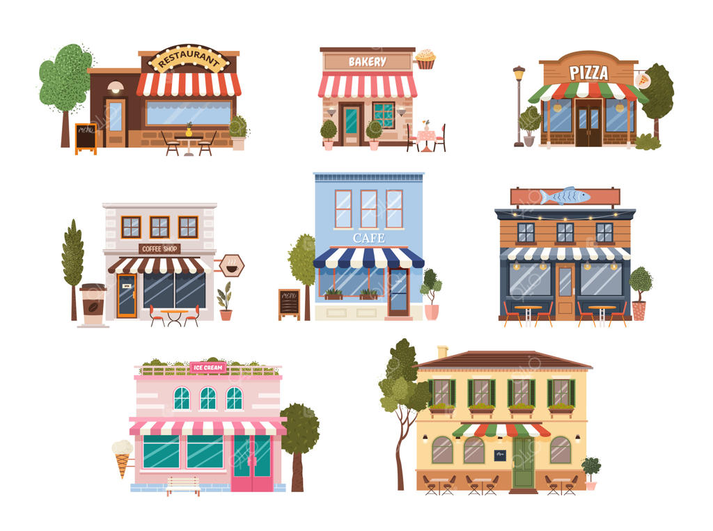 مجموعه‌ای از نمادهای ساختمان‌های شهری مسطح: ساختمان‌های شهری، کافه، قهوه‌خانه، رستوران ماهی، ایتالیایی، پیتزا فروشی، فروشگاه بستنی، نانوایی در زمینه سفید. کلیپ آرت‌ها