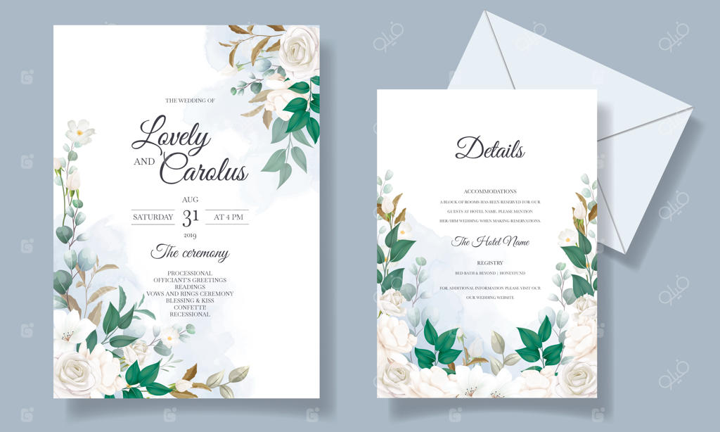 کارت دعوت عروسی با طراحی زیبا از گل‌ها و برگ‌ها