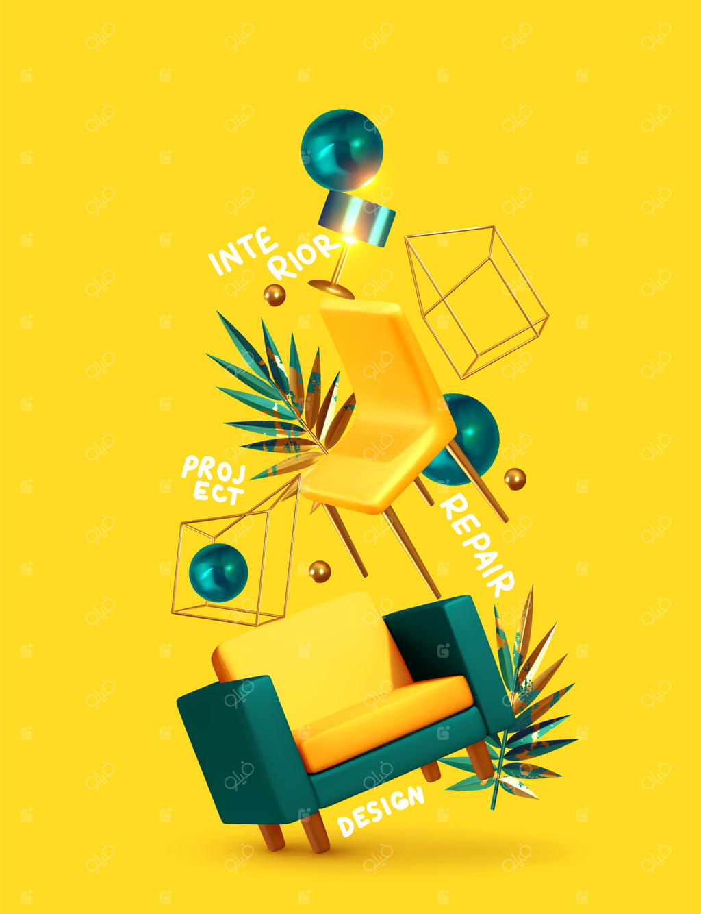 طراحی داخلی خانه: ترکیب مفهومی خلاقانه با اشیاء سه بعدی. شناوری مبلمان، مفهوم جابجایی و ایده تعمیر آپارتمان. بنر یا پوستر مدرن. تصویرسازی وکتور