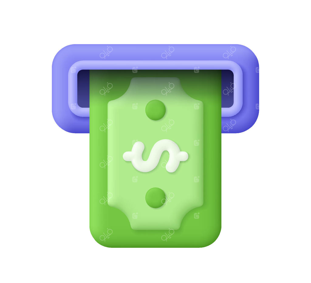 برداشت اسکناس از دستگاه خودپرداز: تراکنش بانکی و مفهوم بانکداری آنلاین در سبک کارتونی سه‌بعدی ساده