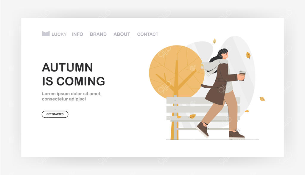 شخصیت زن در پارک پاییزی با پالتوی گرم، قهوه به دست راه می‌رود.