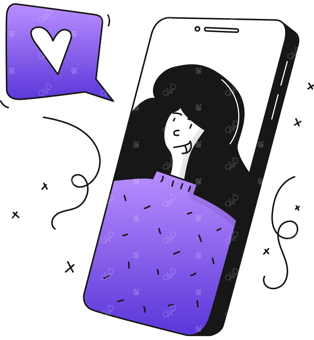 تصویرسازی زن جوان در حال صحبت با تلفن همراه و حباب قلب