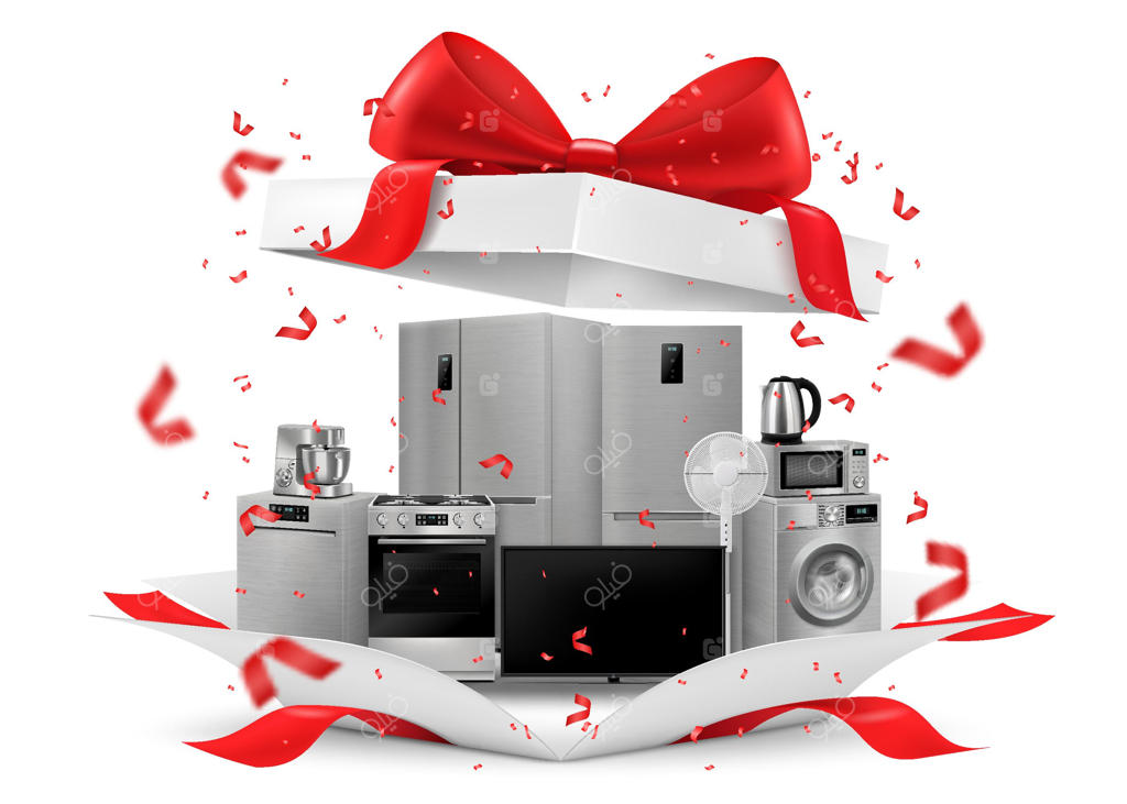 ایده هدیه: لوازم خانگی درون جعبه کادو - یخچال، مایکروویو، غذاساز، تلویزیون، ماشین لباسشویی، اجاق گاز، پس‌زمینه سفید، تصویرسازی واقع‌گرایانه سه‌بعدی وکتور