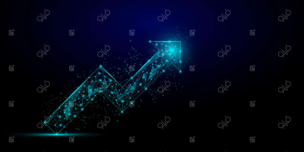 مفهوم سهام و سرمایه‌گذاری: یک چندضلعی کم‌زاویه با قاب سیمی فلش بالا و درخشش در پس‌زمینه تاریک. بازار نزولی، سود ثروت، ریسک بالا، بازگشت بالا، رشد کسب‌وکار.