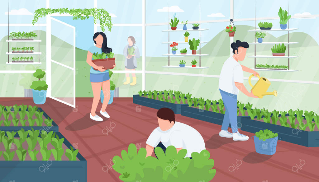 باغبانان در گلخانه - تصویرسازی با رنگ تخت