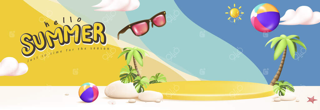 پوستر فروش ویژه تابستان با تریبون نمایش محصول زرد و طراحی صحنه ساحل گرمسیری تابستانی