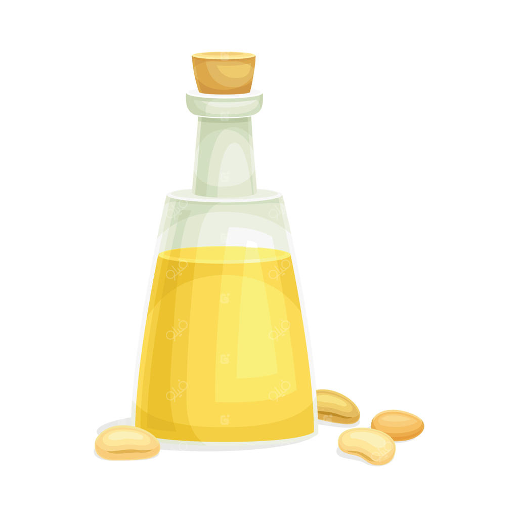 تصویرسازی روغن سویا در ظرف شیشه‌ای با درب چوب‌پنبه‌ای به عنوان چربی گیاهی حاصل از دانه خوراکی حبوبات