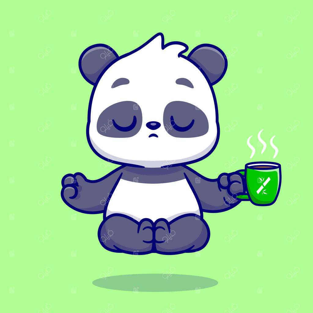 مدیتیشن بامزه پاندا: یوگا با قهوه، تصویر برداری کارتونی وکتور. ورزش حیوانات به صورت ساده و جذاب