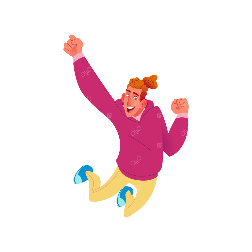 مرد جوانی با لباس‌های رنگارنگ که از شدت هیجان و خوشحالی بالا و پایین می‌پرد.