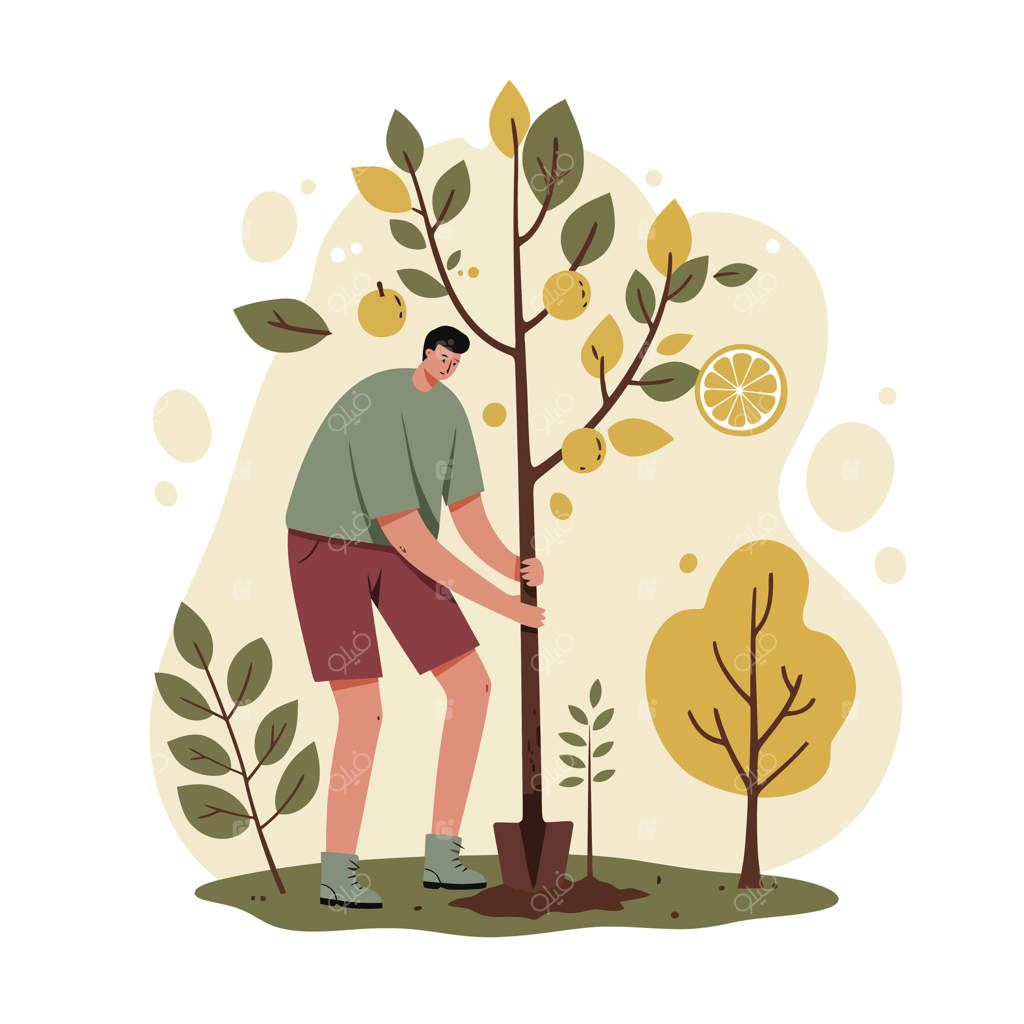 مردی در حال کاشت درخت لیمو در باغ با رنگ‌های پاییزی و منظره طبیعی پس‌زمینه