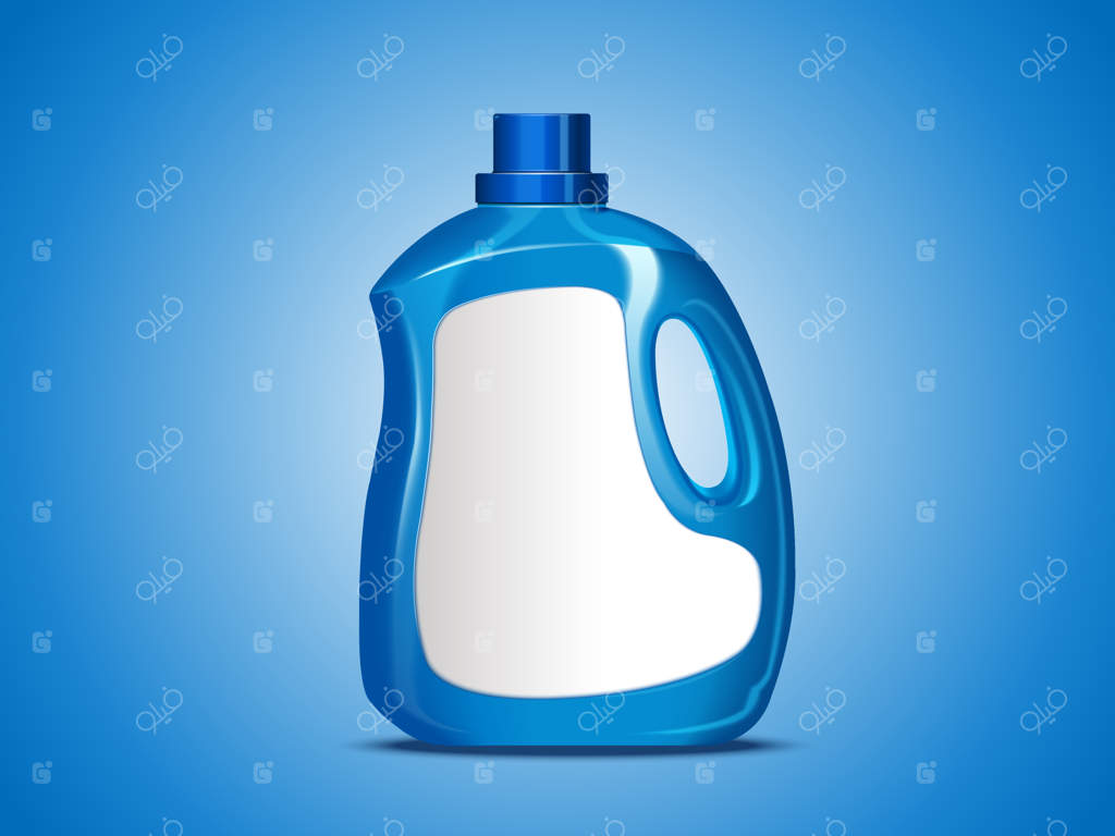 بسته‌بندی سفید مواد شوینده لباس، بطری آبی با برچسب در تصویر سه‌بعدی، زمینه آبی