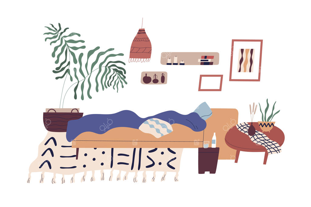 فضای داخلی اتاق خواب دنج با مبلمان، تزئینات و گیاهان در سبک اسکاندیناویایی. تختخواب آراسته نشده با بالش و پتو در خانه‌ای مدرن. تصویرسازی وکتور مسطح روی پس‌زمینه سفید.