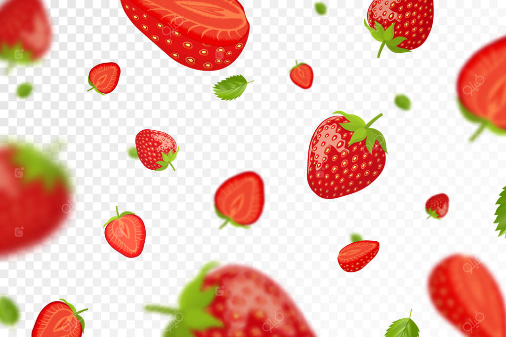توت‌فرنگی‌های رسیده و آبدار با برگ‌های سبز در حال سقوط در زمینه‌ی شفاف پرواز توت‌فرنگی‌ها با افکت تاری می‌تواند برای پوستر، بنر ، کاغذ دیواری و کاغذ کادو استفاده شود وکتور