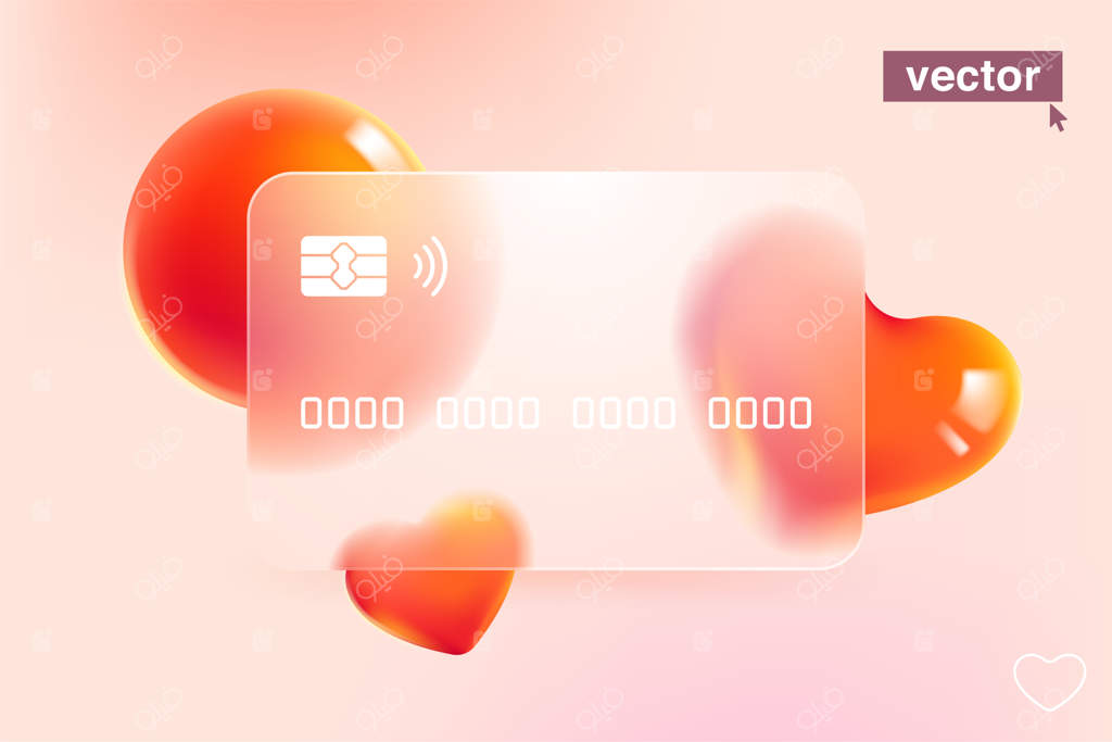 قالب کارت اعتباری با شیشه مات و قلب‌های قرمز شناور - پلاستیک شفاف با افکت محو