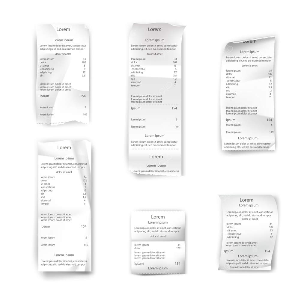 صورتحساب‌های خرید: فهرست خریدهای واقع‌گرایانه از فروشگاه‌ها و سوپرمارکت‌ها با قیمت‌ها و مالیات‌ها پرداخت شده با پول نقد روی زمینه سفید