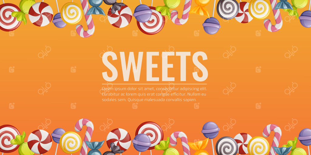 زمینه‌ی روشن با شیرینی‌های خوشمزه: قاب ساخته شده از آب‌نبات‌ها و شیرینی‌ها. تصویرسازی کارتونی