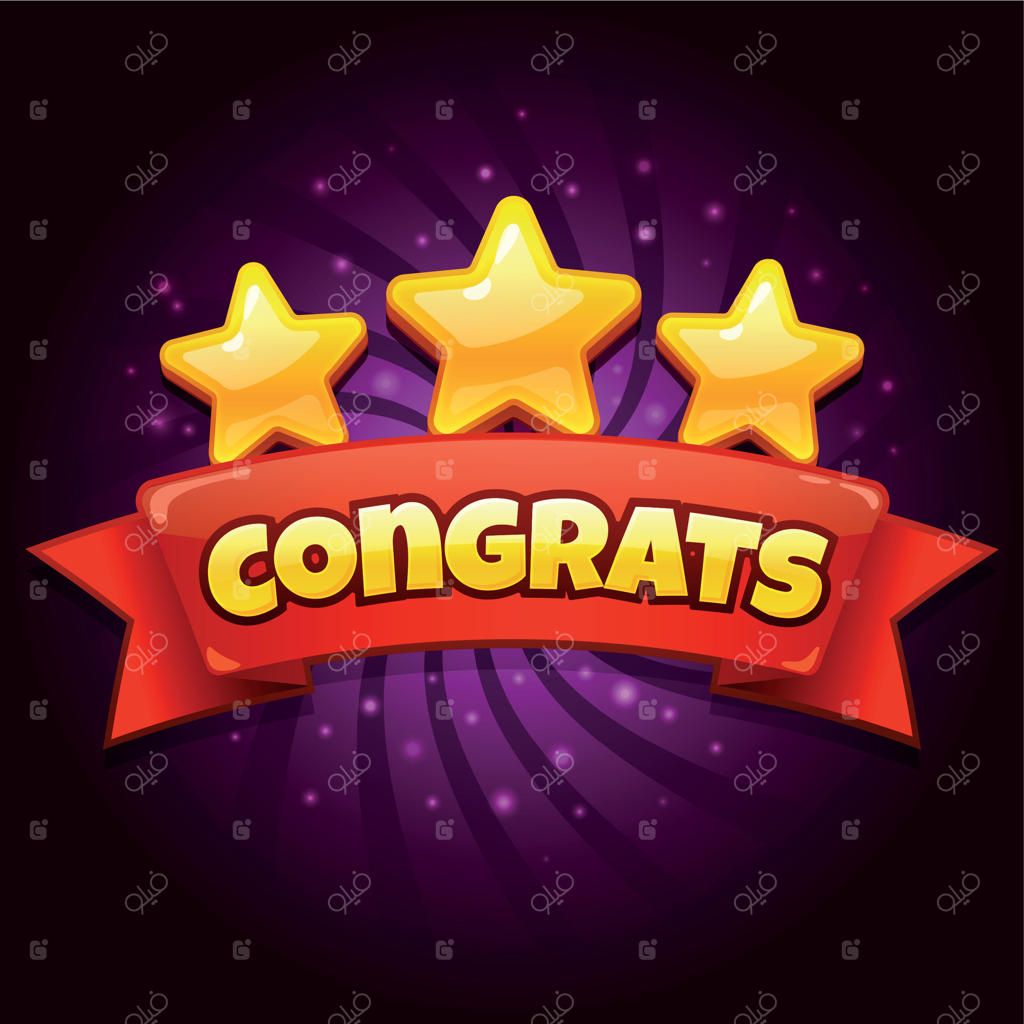 صفحه تبریک بازی: علامت تبریک طلایی با سه ستاره طلایی، صفحه کاریکاتوری ارتقاء سطح در بازی‌های معمولی، تصویر برداری وکتور.